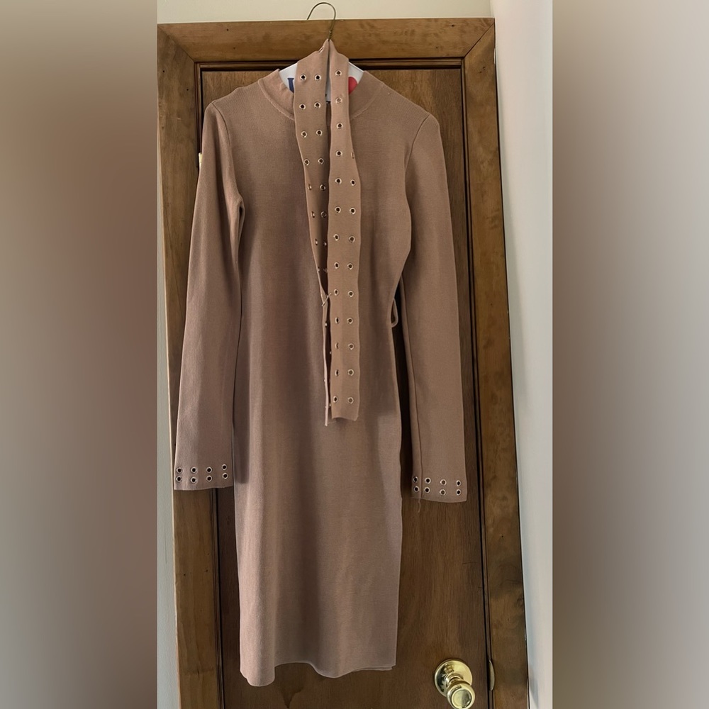 Medium tan colored midi dress with belt